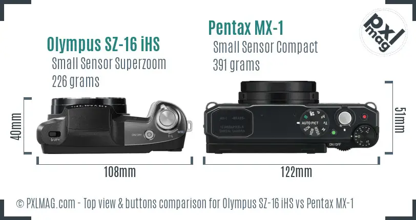 Olympus SZ-16 iHS vs Pentax MX-1 top view buttons comparison