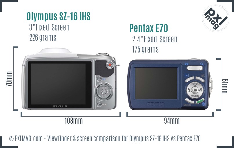 Olympus SZ-16 iHS vs Pentax E70 Screen and Viewfinder comparison