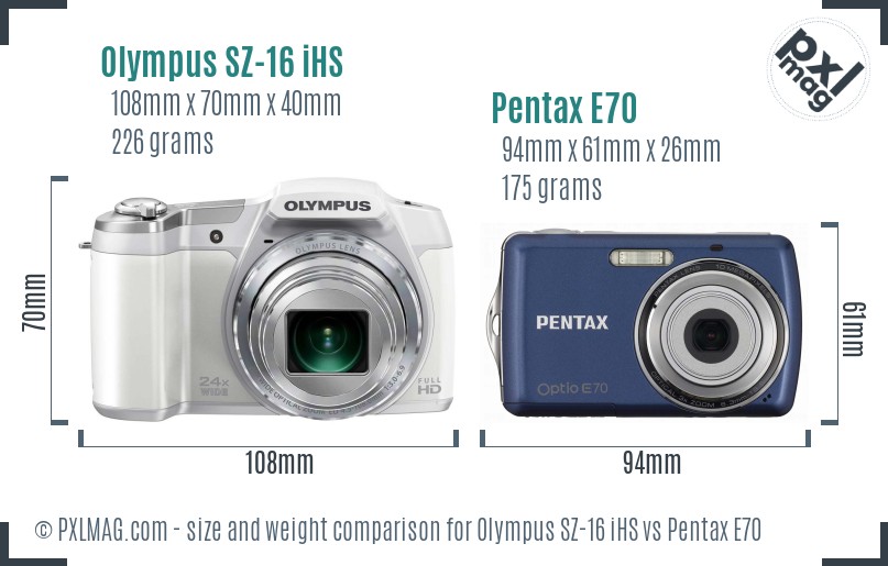 Olympus SZ-16 iHS vs Pentax E70 size comparison