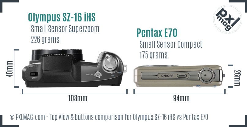 Olympus SZ-16 iHS vs Pentax E70 top view buttons comparison