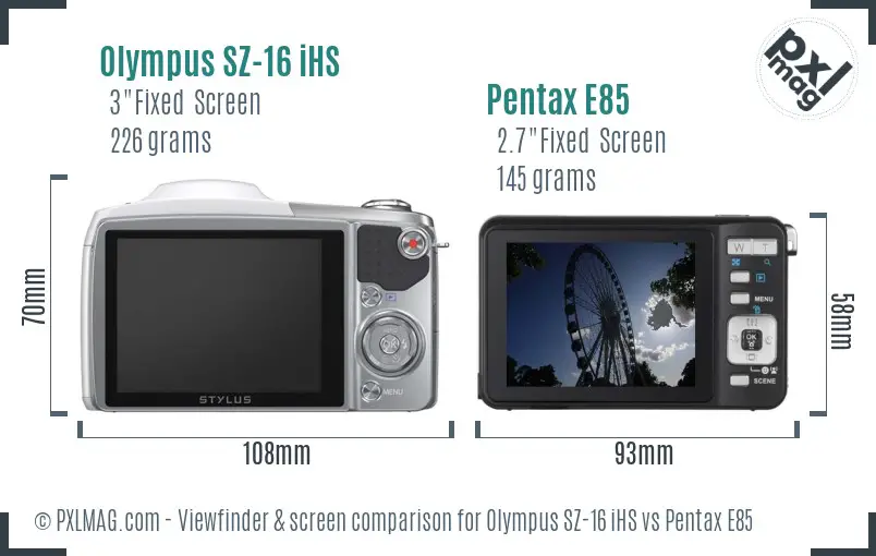 Olympus SZ-16 iHS vs Pentax E85 Screen and Viewfinder comparison