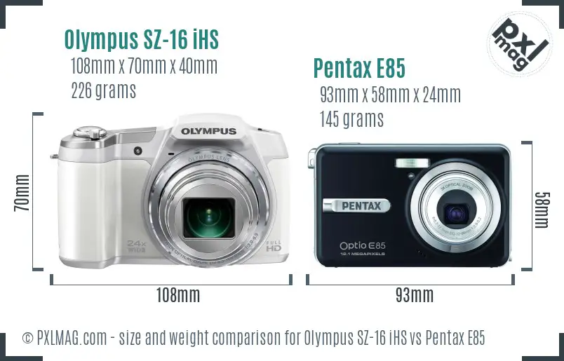 Olympus SZ-16 iHS vs Pentax E85 size comparison