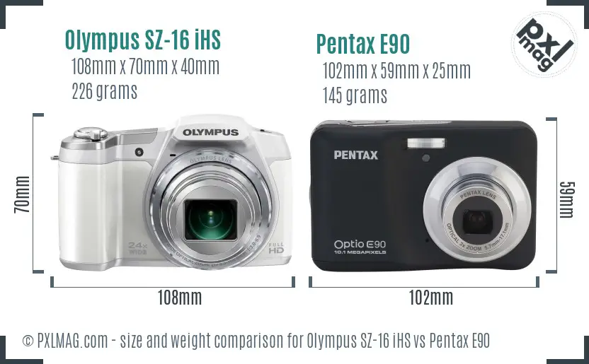 Olympus SZ-16 iHS vs Pentax E90 size comparison