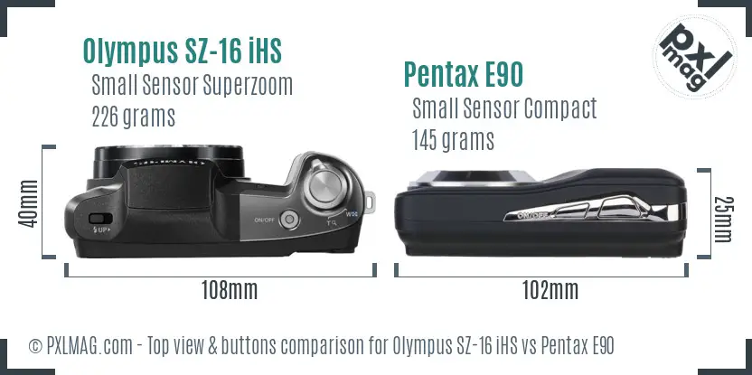 Olympus SZ-16 iHS vs Pentax E90 top view buttons comparison