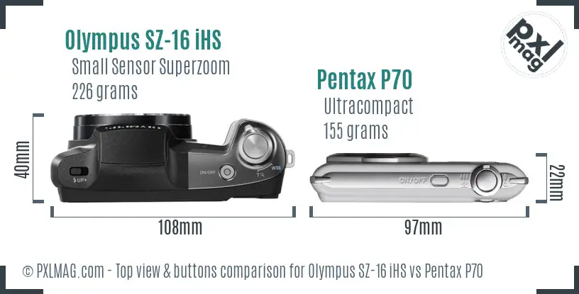 Olympus SZ-16 iHS vs Pentax P70 top view buttons comparison