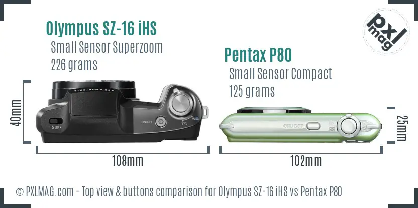 Olympus SZ-16 iHS vs Pentax P80 top view buttons comparison