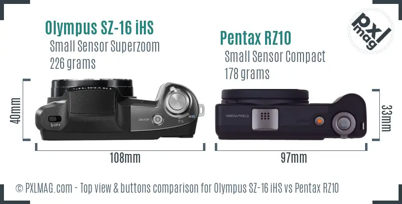Olympus SZ-16 iHS vs Pentax RZ10 top view buttons comparison