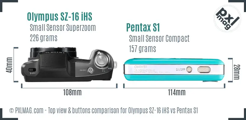Olympus SZ-16 iHS vs Pentax S1 top view buttons comparison