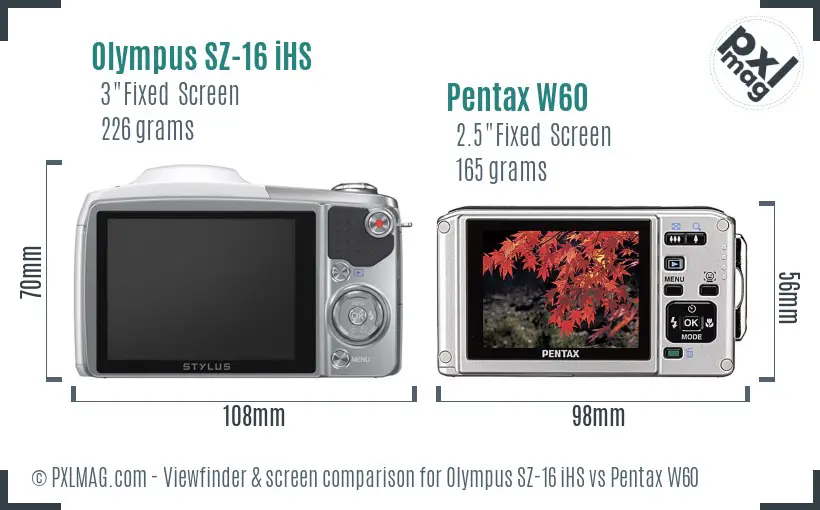 Olympus SZ-16 iHS vs Pentax W60 Screen and Viewfinder comparison