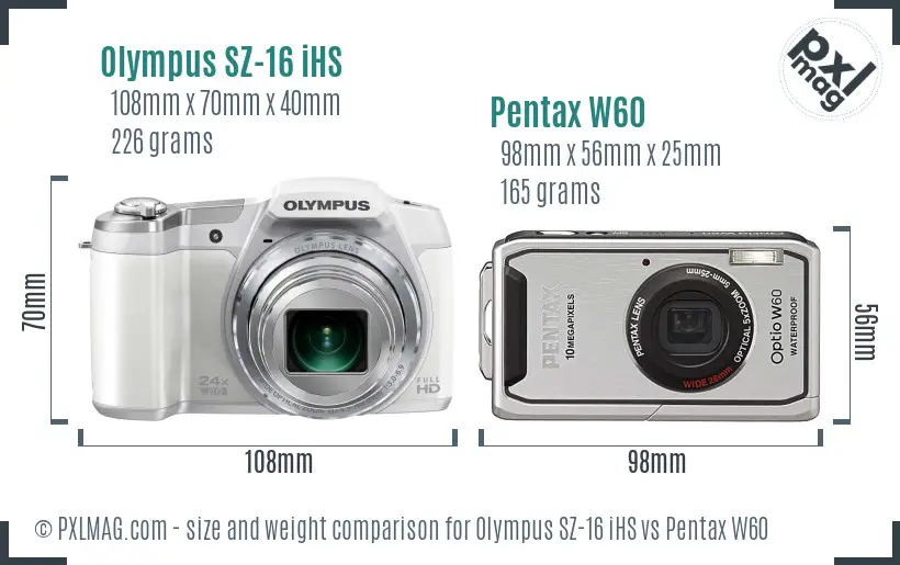 Olympus SZ-16 iHS vs Pentax W60 size comparison