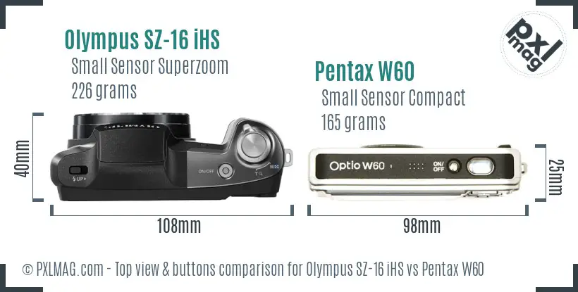 Olympus SZ-16 iHS vs Pentax W60 top view buttons comparison