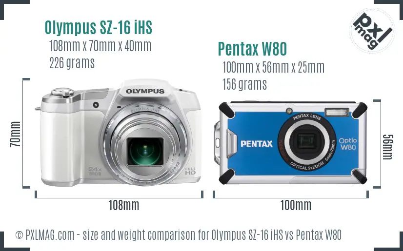 Olympus SZ-16 iHS vs Pentax W80 size comparison