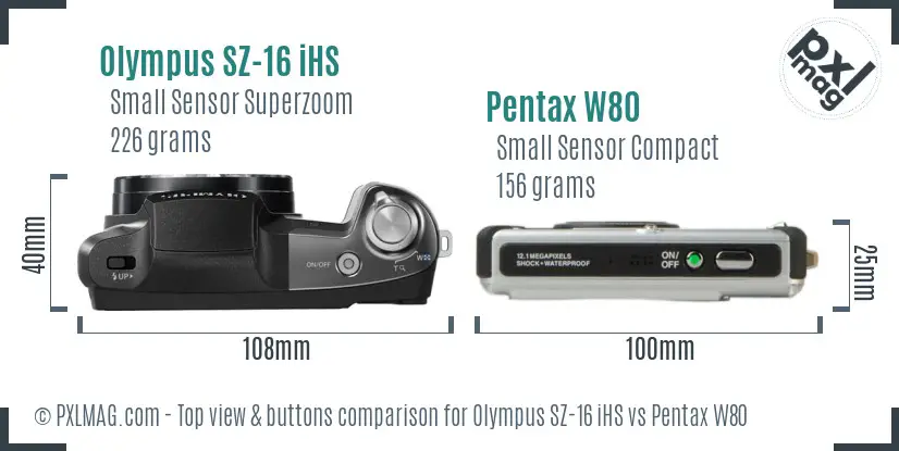 Olympus SZ-16 iHS vs Pentax W80 top view buttons comparison