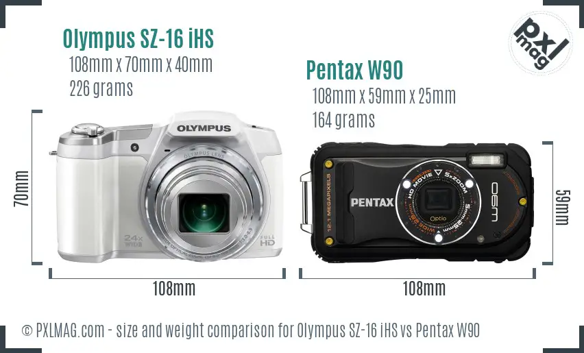 Olympus SZ-16 iHS vs Pentax W90 size comparison