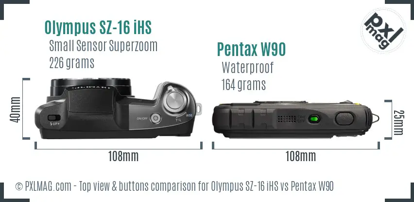 Olympus SZ-16 iHS vs Pentax W90 top view buttons comparison