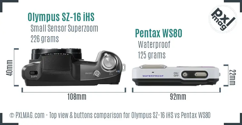 Olympus SZ-16 iHS vs Pentax WS80 top view buttons comparison