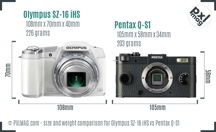 Olympus SZ-16 iHS vs Pentax Q-S1 size comparison