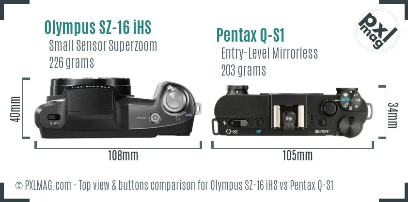 Olympus SZ-16 iHS vs Pentax Q-S1 top view buttons comparison