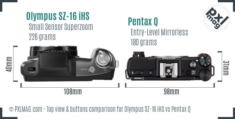 Olympus SZ-16 iHS vs Pentax Q top view buttons comparison