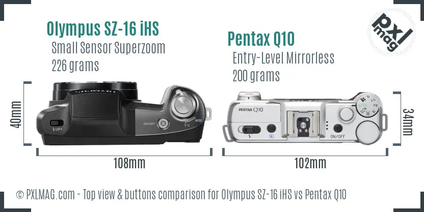 Olympus SZ-16 iHS vs Pentax Q10 top view buttons comparison