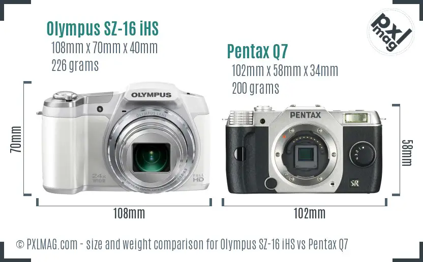 Olympus SZ-16 iHS vs Pentax Q7 size comparison