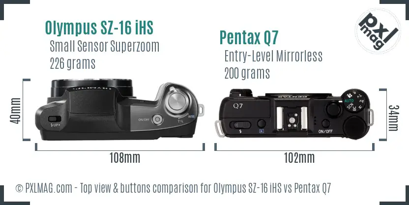 Olympus SZ-16 iHS vs Pentax Q7 top view buttons comparison