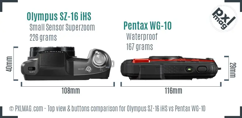 Olympus SZ-16 iHS vs Pentax WG-10 top view buttons comparison