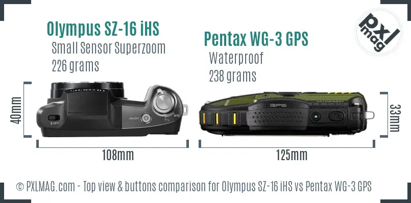Olympus SZ-16 iHS vs Pentax WG-3 GPS top view buttons comparison
