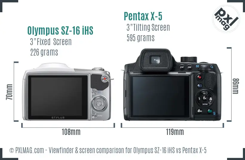 Olympus SZ-16 iHS vs Pentax X-5 Screen and Viewfinder comparison