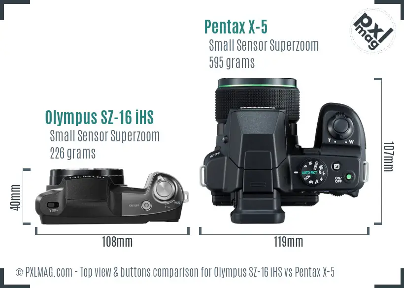 Olympus SZ-16 iHS vs Pentax X-5 top view buttons comparison