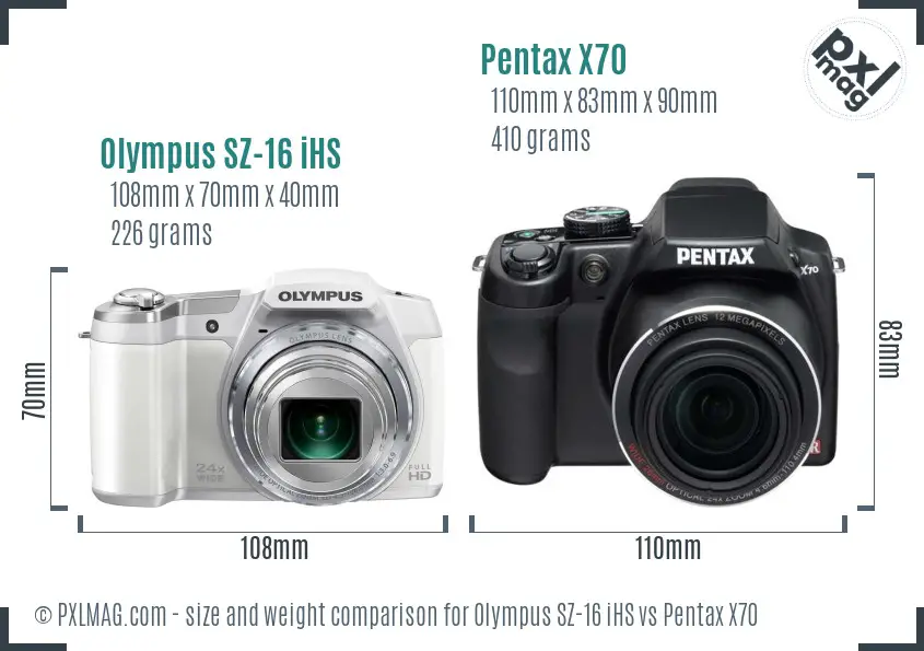 Olympus SZ-16 iHS vs Pentax X70 size comparison