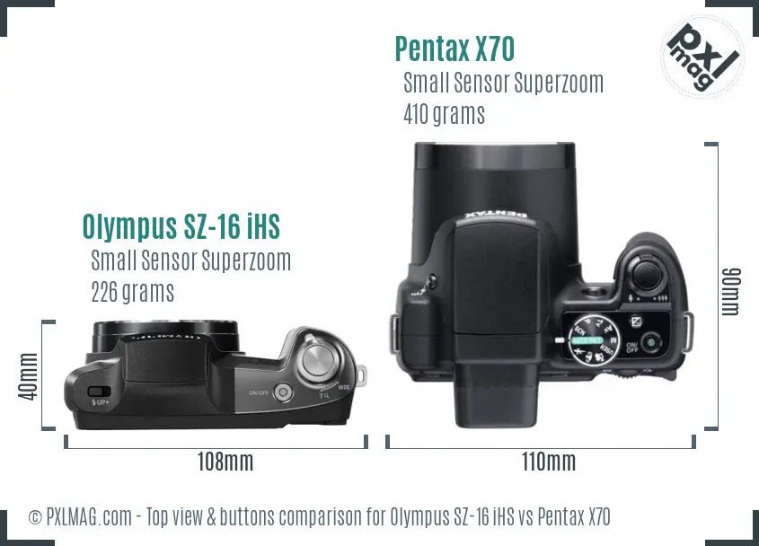 Olympus SZ-16 iHS vs Pentax X70 top view buttons comparison