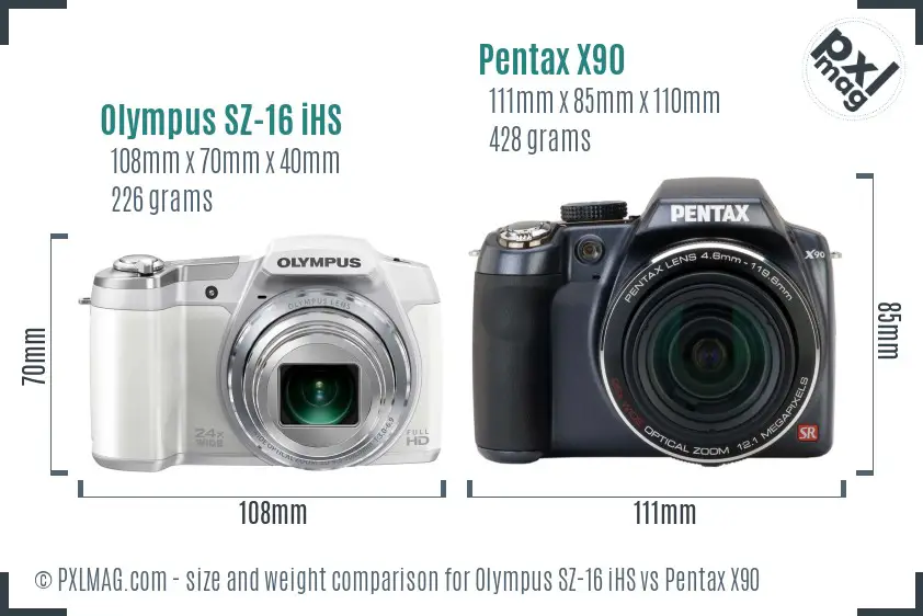 Olympus SZ-16 iHS vs Pentax X90 size comparison