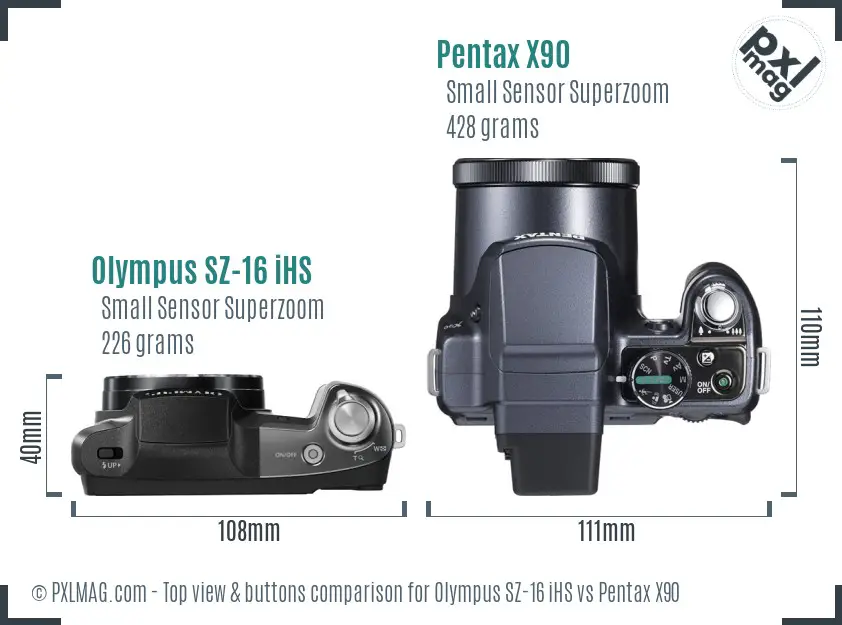 Olympus SZ-16 iHS vs Pentax X90 top view buttons comparison