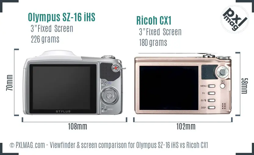 Olympus SZ-16 iHS vs Ricoh CX1 Screen and Viewfinder comparison