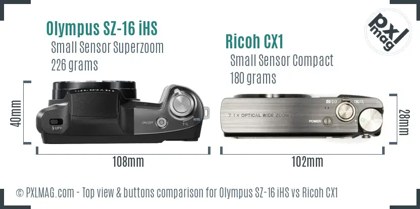 Olympus SZ-16 iHS vs Ricoh CX1 top view buttons comparison