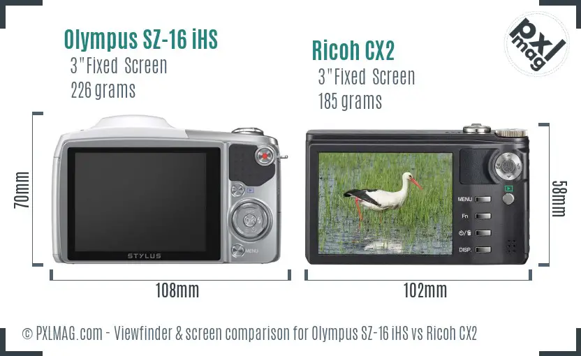 Olympus SZ-16 iHS vs Ricoh CX2 Screen and Viewfinder comparison