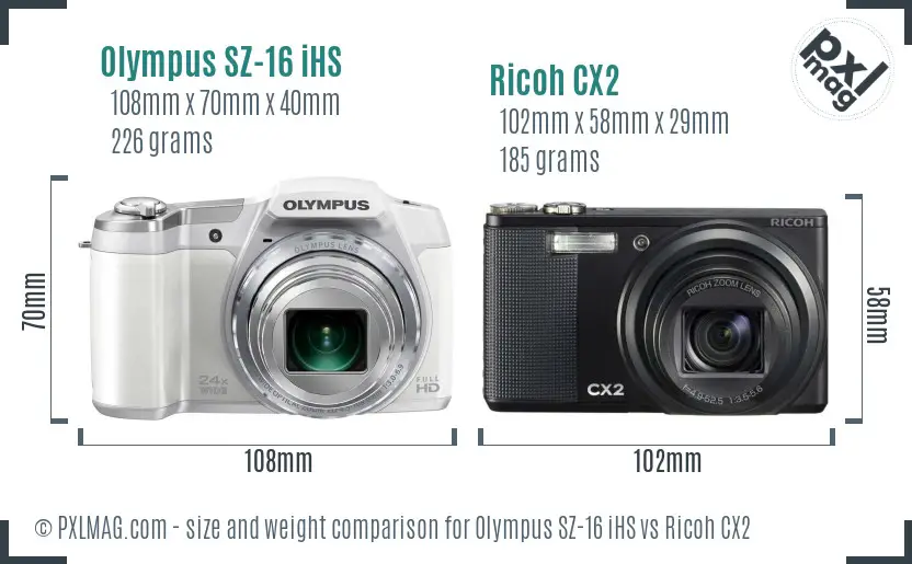 Olympus SZ-16 iHS vs Ricoh CX2 size comparison