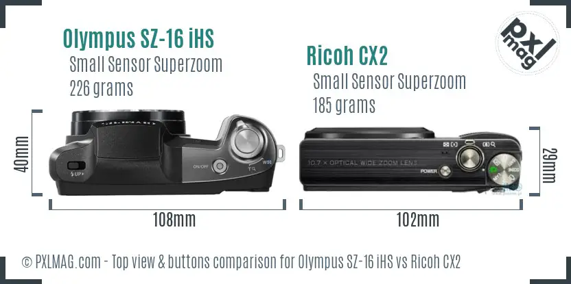 Olympus SZ-16 iHS vs Ricoh CX2 top view buttons comparison