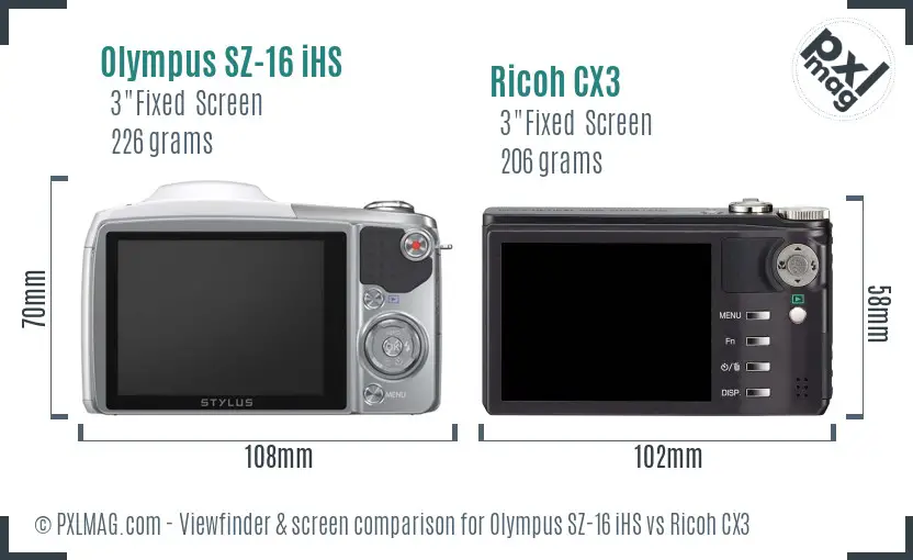 Olympus SZ-16 iHS vs Ricoh CX3 Screen and Viewfinder comparison Olympus SZ-16 iHS vs Ricoh CX3 Screen and Viewfinder comparison