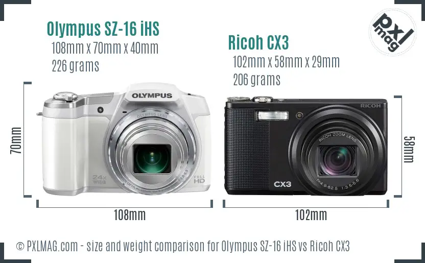 Olympus SZ-16 iHS vs Ricoh CX3 size comparison Olympus SZ-16 iHS vs Ricoh CX3 size comparison