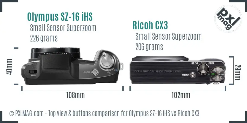 Olympus SZ-16 iHS vs Ricoh CX3 top view buttons comparison Olympus SZ-16 iHS vs Ricoh CX3 top view buttons comparison