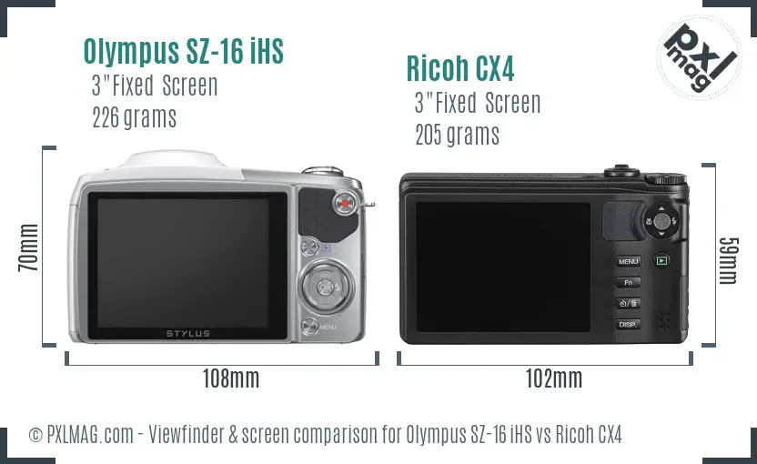 Olympus SZ-16 iHS vs Ricoh CX4 Screen and Viewfinder comparison