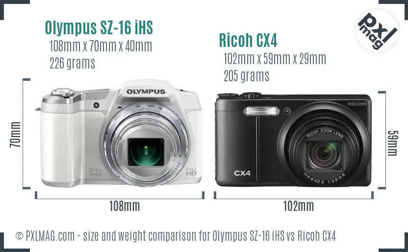 Olympus SZ-16 iHS vs Ricoh CX4 size comparison Olympus SZ-16 iHS vs Ricoh CX4 size comparison