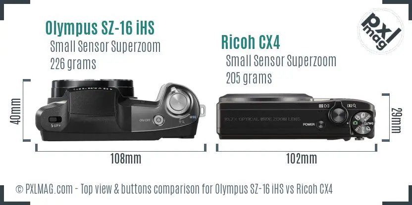 Olympus SZ-16 iHS vs Ricoh CX4 top view buttons comparison