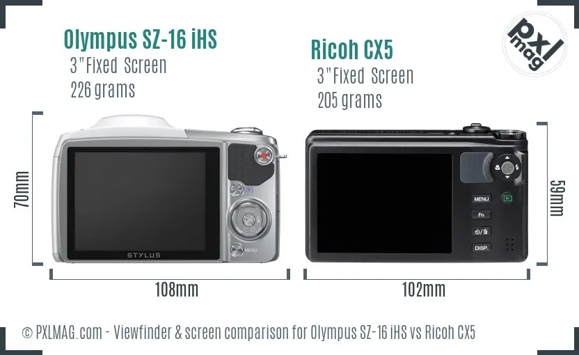 Olympus SZ-16 iHS vs Ricoh CX5 Screen and Viewfinder comparison Olympus SZ-16 iHS vs Ricoh CX5 Screen and Viewfinder comparison