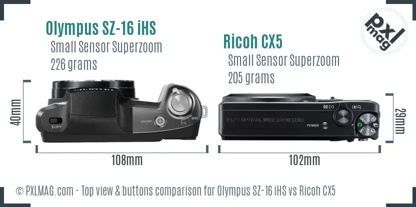 Olympus SZ-16 iHS vs Ricoh CX5 top view buttons comparison Olympus SZ-16 iHS vs Ricoh CX5 top view buttons comparison