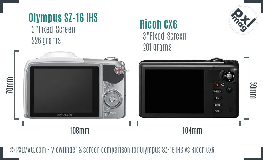 Olympus SZ-16 iHS vs Ricoh CX6 Screen and Viewfinder comparison