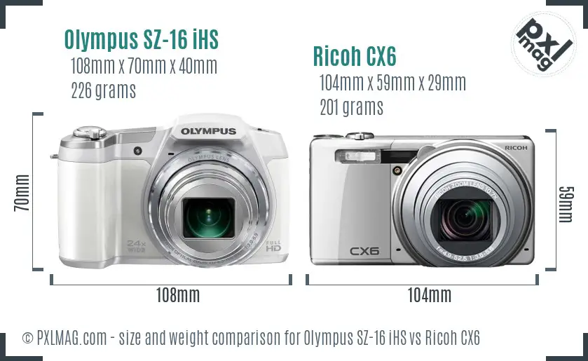 Olympus SZ-16 iHS vs Ricoh CX6 size comparison