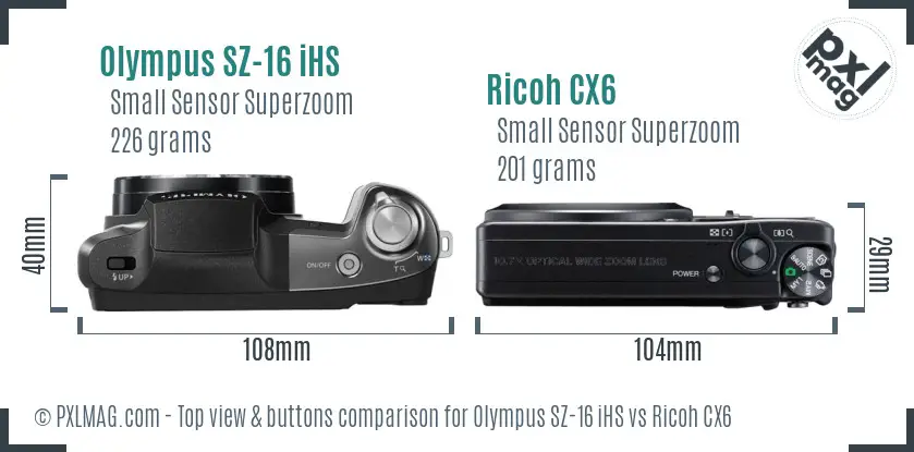 Olympus SZ-16 iHS vs Ricoh CX6 top view buttons comparison